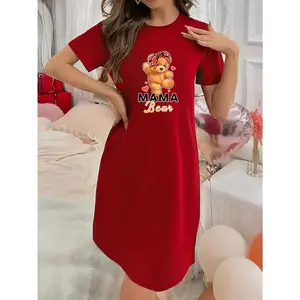 Soft Micro Stretch Women's Lingerie MAMA bear Printed Short Sleeve Round Neck Nightgown Sexy Elegant Young Style Women's Christmas Dress Halloween Christmas Thanksgiving Gift Ideas