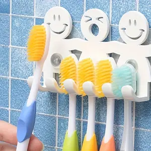 Smiley Face Wall-Mounted Toothbrush Holder with Suction Cups - 5 Position Toothbrush Storage Rack - Portable Bathroom Accessories