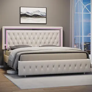 AMERLIFE Modern Bed Frame with RGB LED Lights, Adjustable Headboard Velvet Button Tufted/Acrylic Mirror Accents/Smart APP&Remote Control/No Box Spring Needed/Furniture Room/Full/Queen Size/Best Gift Ideas/Christmas Gifts