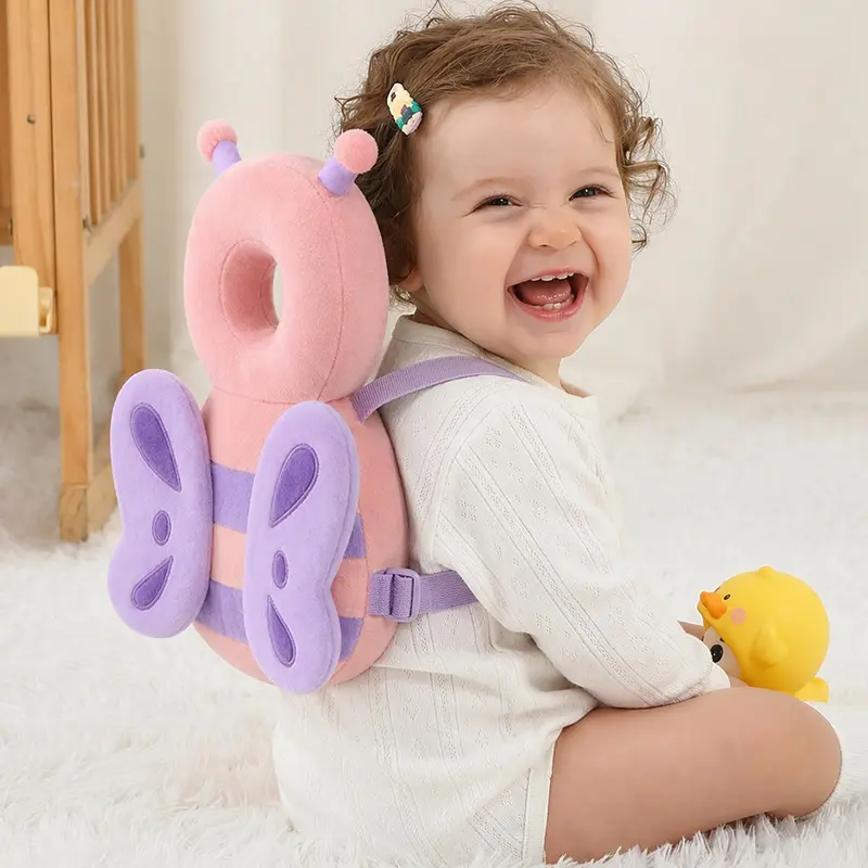 Plush Look Baby Head Injury Prevention Backpack for 0-2 Years, Hypoallergenic Cotton Knit PP Safety Cushion, Breathable Velvet, Adjustable Straps, Back Guard, Helps Soften Impact, Toddler Walking Gift