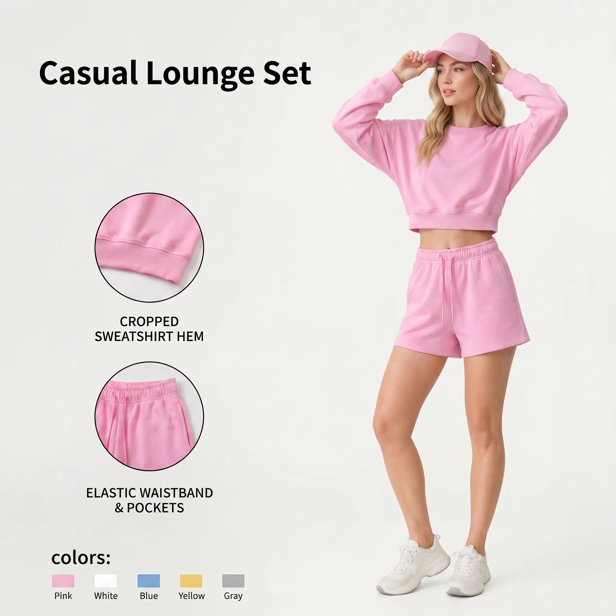 2 Piece Casual Lounge Set for Women - Cropped Crewneck Sweatshirt and Elastic Waist Shorts with Pockets, Cozy WFH Matching Sweatsuit Activewear