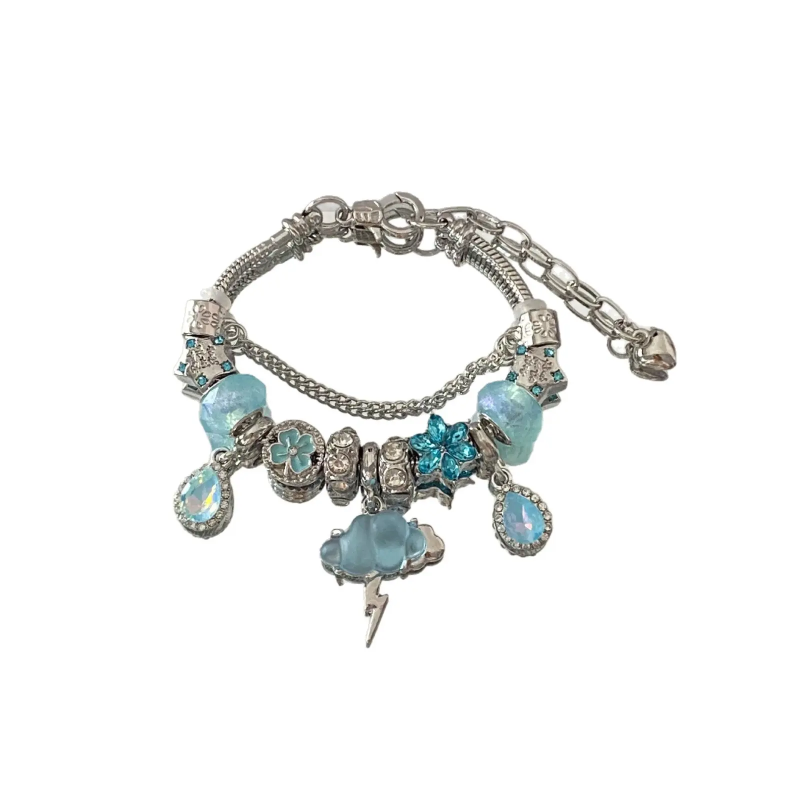 Silver Tone Ice Blue Charm Bracelet for Women, Flower Cloud Lightning Beaded Bracelet with Teardrop Charms, Adjustable Cute Fashion Jewellery Gift for Her