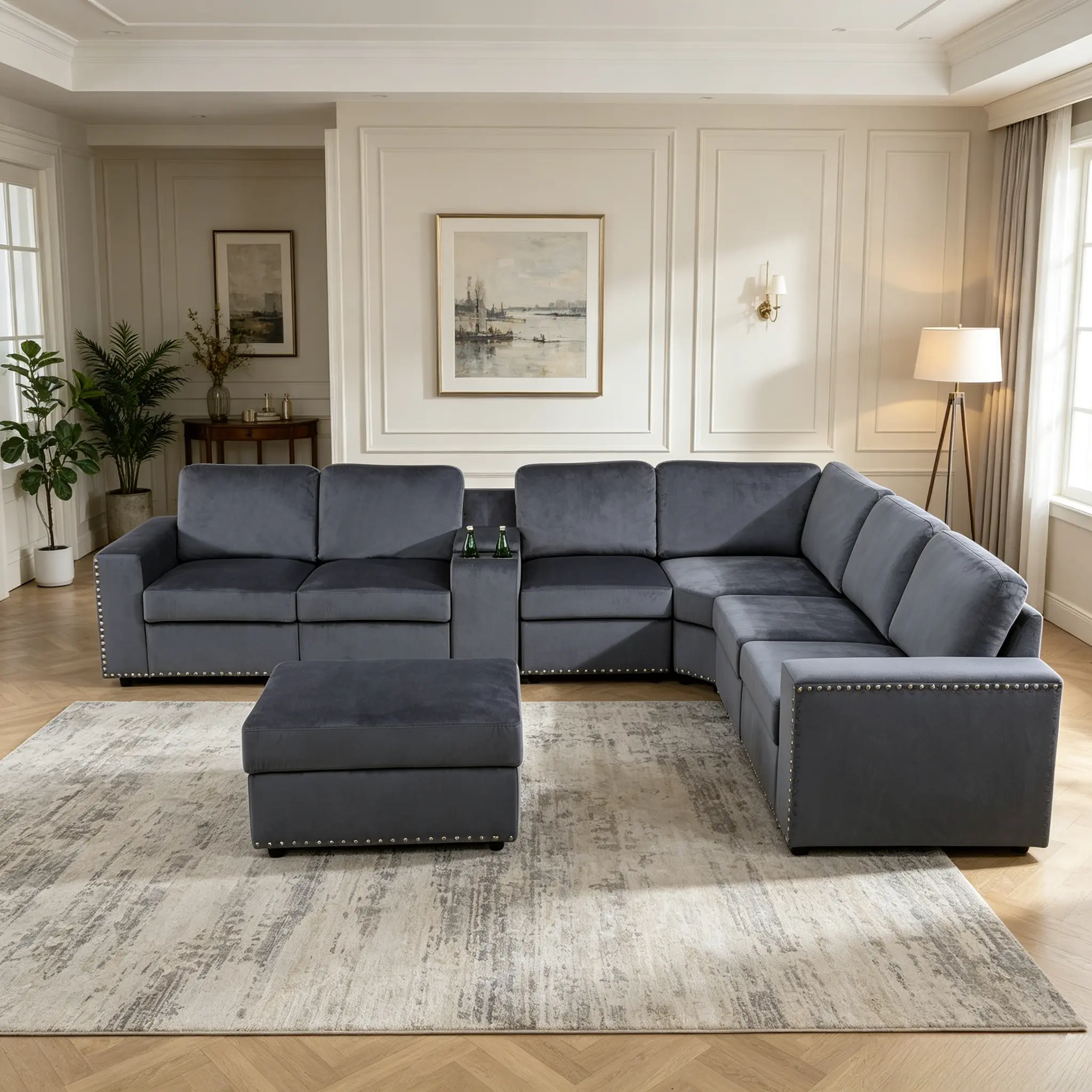 8-Piece Living Room Microfiber Couch, stain-resistant & easy-to-clean microfiber stands daily use. Sleek dark grey tone matches all kinds of home interior styles.