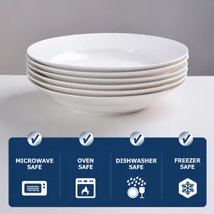 6-Piece 9 in Round White Ceramic Dinnerware Set, Stylish Oven-Safe Serving Plates, Microwave-Safe, Scratch-Resistant, Smooth Glaze for Family Dinners