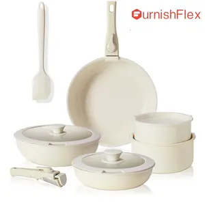 12 Pcs Pots and Pans Set Nonstick - Kitchen Cookware Set with Detachable Handle, Induction Cookware, Dishwasher Oven Safe, Beige