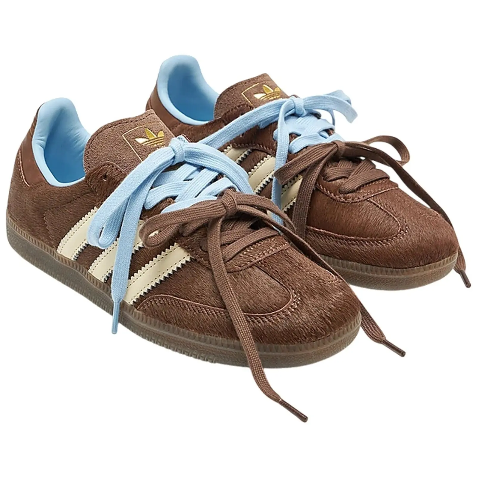 Adidas Samba OG Dark Brown Cream Blue Pony Hair Women's Rubber-Toe Casual Trainers - Authentic, Mushroom Floral Embroidered, Everyday Comfort Athletic Mid-Top Shoes