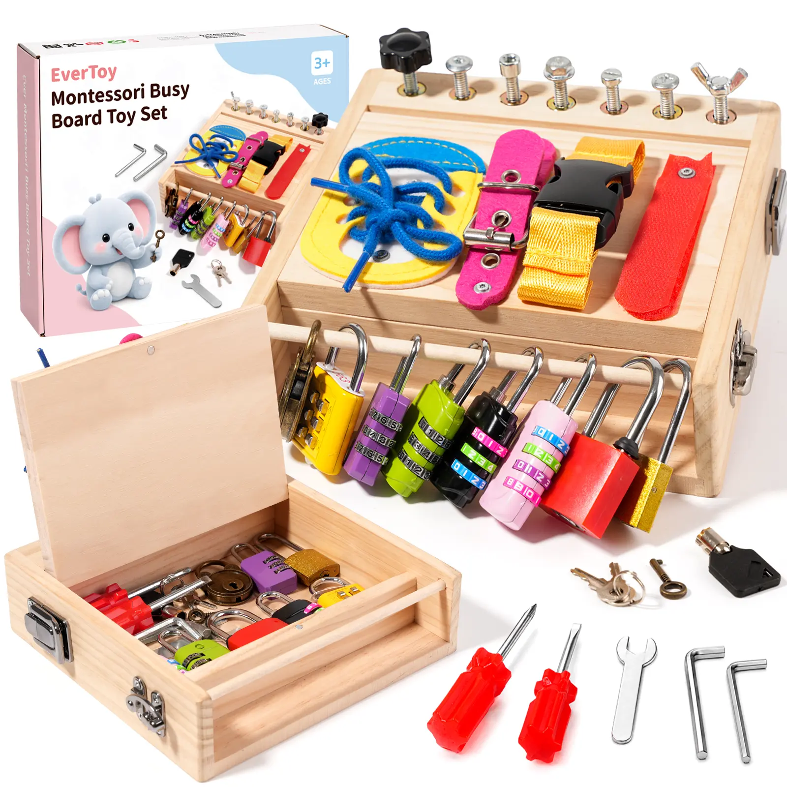 Evertoy Montessori Wooden Busy Board Toy Set - Busy Box with Locks, Latches & Real Tools, Fine Motor Skills Sensory Learning Toy, Screen-Free Practical Life Skill Educational Gift for Kids Ages 3-7