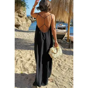 Women's Boho Backless Spaghetti Strap Dress, Sexy Sleeveless Long Vacation Dress, Solid Color Flowy Resort Maxi