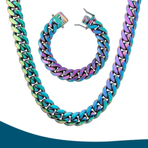 14mm Rainbow Colorful Stainless Steel Cuban Link Chain, Hip Hop Multicolor Chunky Heavy Cut Curb Necklace Bracelet for Men Women 7.5"-30" Optional