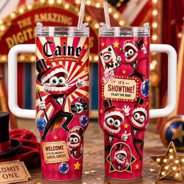 [Gift Box Included] 40oz, 20oz Caine The Ringmaster Digital Circus Animation Print Stainless Steel Tumbler with Handle and Straw Vacuum Insulated Travel Mug Fits Car Cup Holder Cool Gift for Animation Fans