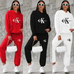 Autumn Winter New Fashion Set Women's Casual Sports Printed Hoodie Set Autumn Casual Suit Clothes Womenswear Long Sleeve Fitted White