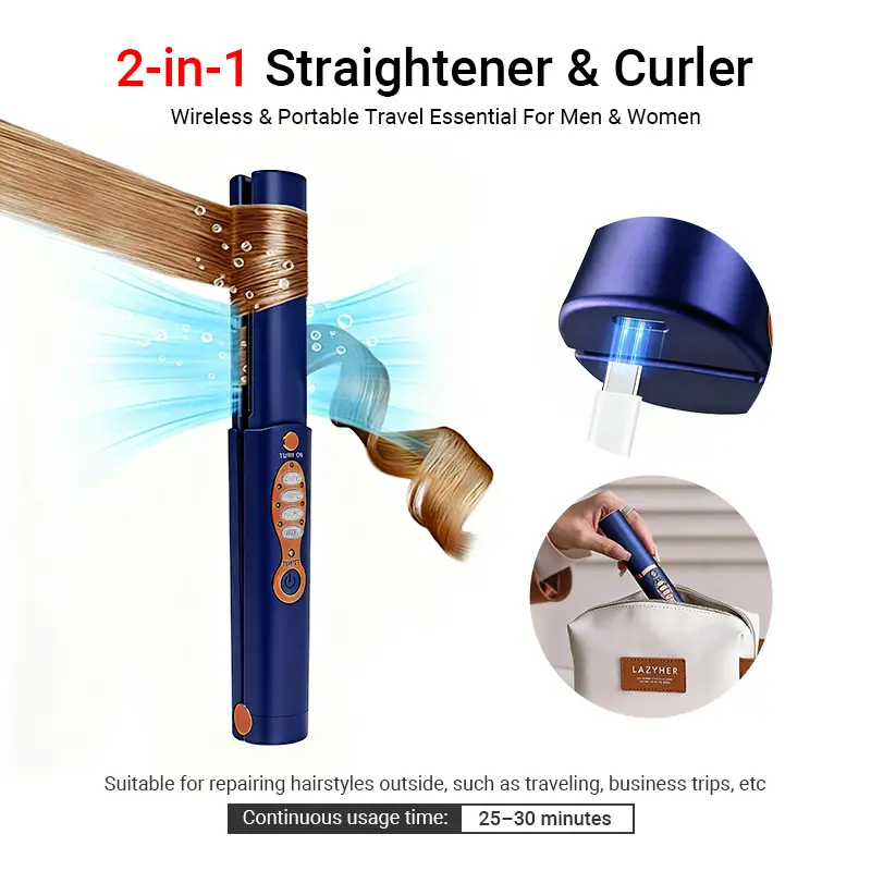 Qawtor Cordless Mini Titanium Flat Iron - 2-in-1 Styling Tool (Smooth Straightening Curly Hair & Curls), 5000mAh Wireless Hair Tool, Fast-Heating Up to 210°C/410°F, Mini Travel On-the-Go Accessory, Women's Gifts,dorm essentials, Beauty Products