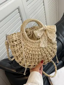 Vacation style casual simple versatile practical texture woven handbag with lace bow decoration, retro niche personalized shoulder crossbody bag, suitable for outdoor travel, shopping, and gatherings.