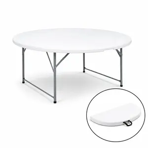 Home White Resin Bi-Fold Folding Table, 59" x 59" Portable and Lightweight, Sturdy Steel Legs, Indoor Outdoor Multipurpose Table