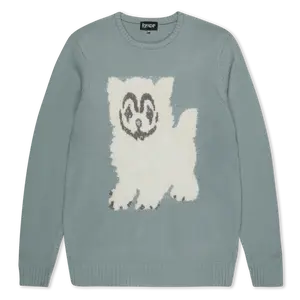 Fluffy Soft Knitting Round Neck Pet Sweater, "Pet Me I'm Cute" Design, Heather Sage Grey Dog & Cat Clothing