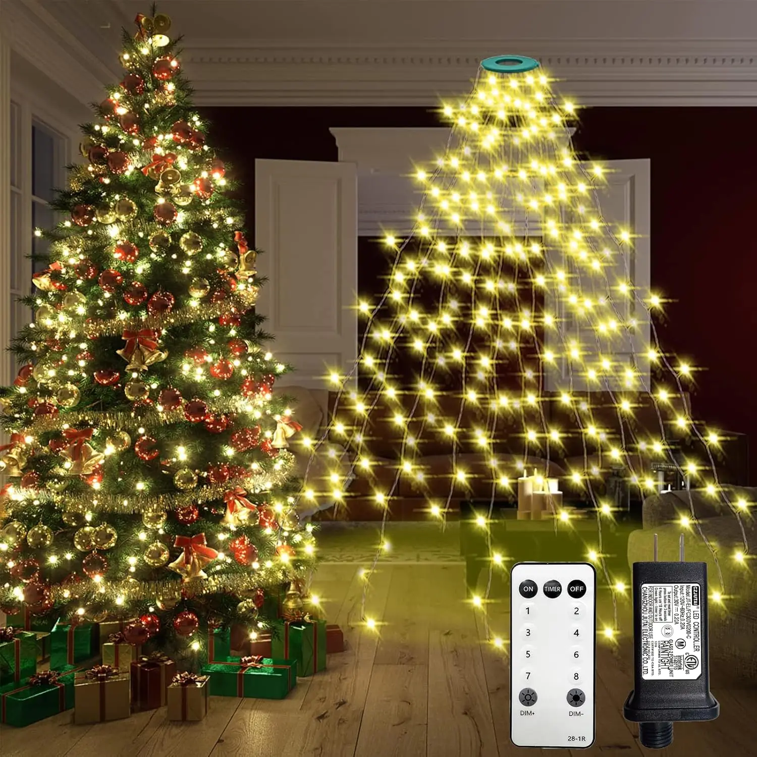 Christmas Tree Lights with Ring,8.2Ft 16 Line 448 LED Green Wire Fairy Waterfall String Lights Plug in,Icicle Twinkle Lights with 8 Lighting Modes for Indoor Outdoor Xmas Tree(Warm White)