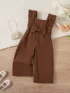 Spring/Autumn Girls' Corduroy Jumpsuit with Fashionable Bow Solid-Color Jumpsuit baby girl Casual Baby Girl Square Neck Ruffled Wide-Leg Trousers Suitable for Outings and School Wear Baby Girl Clothes Outfit