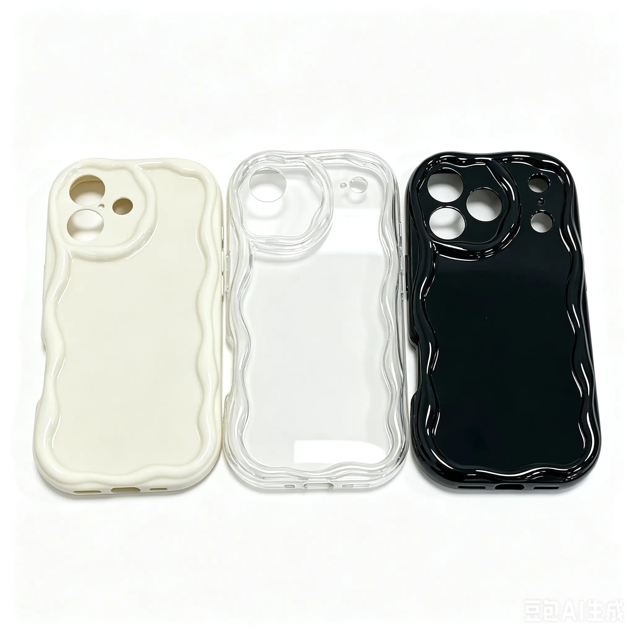 Glossy Cream Glass iPhone Case - Wavy Shockproof Frame, Reinforced Camera Protection Cover for iPhone Series
