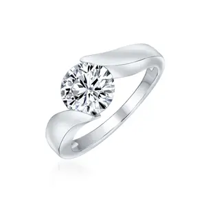 Modern 3CT Round CZ Tension Set Solitaire Engagement Ring with Plain Band in .925 Sterling Silver