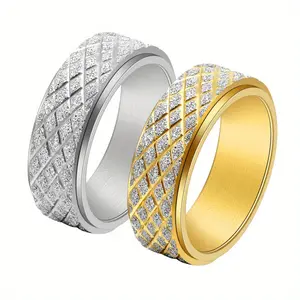 Fashionable Retro Checkered Diamond Shaped Rotatable Stainless Steel Men's Ring Jewelry