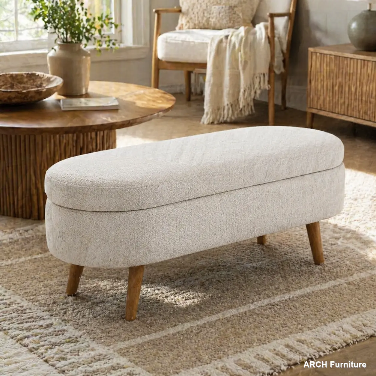 Handmade Pleated Linen Oval Storage Ottoman Bench - Rubber Wood Legs, Beige Multifunctional Stool, 43.5"x16"x16" Indoor Organization Furniture for Living Room Decor, Furniture Living Room Ottoman with Storage