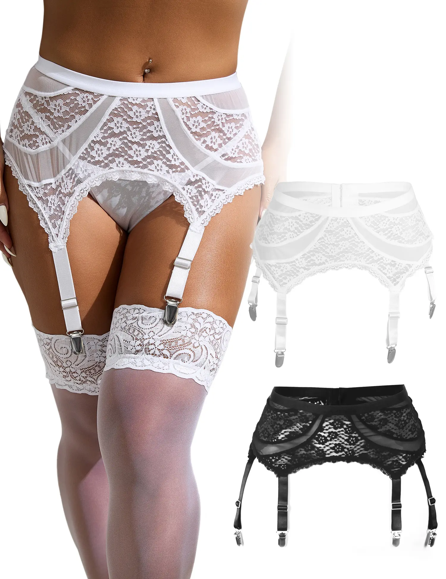 OHYEAH Women's Elastic Mid Waist Lingerie Garter Belt, 4-Adjustable-Strap Easy Clip-On, Contrast Lace Patchwork Design for Thigh High Stockings, XS-4XL Set