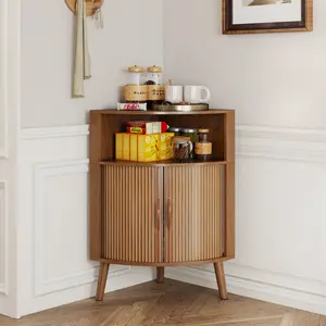 Bathroom Corner Storage Cabinet 31.5''H Small Floor Cabinet with 2 Fluted Doors & Shelves Freestanding Narrow Organizer for Living Room Kitchen Walnut Texture Modern Charm