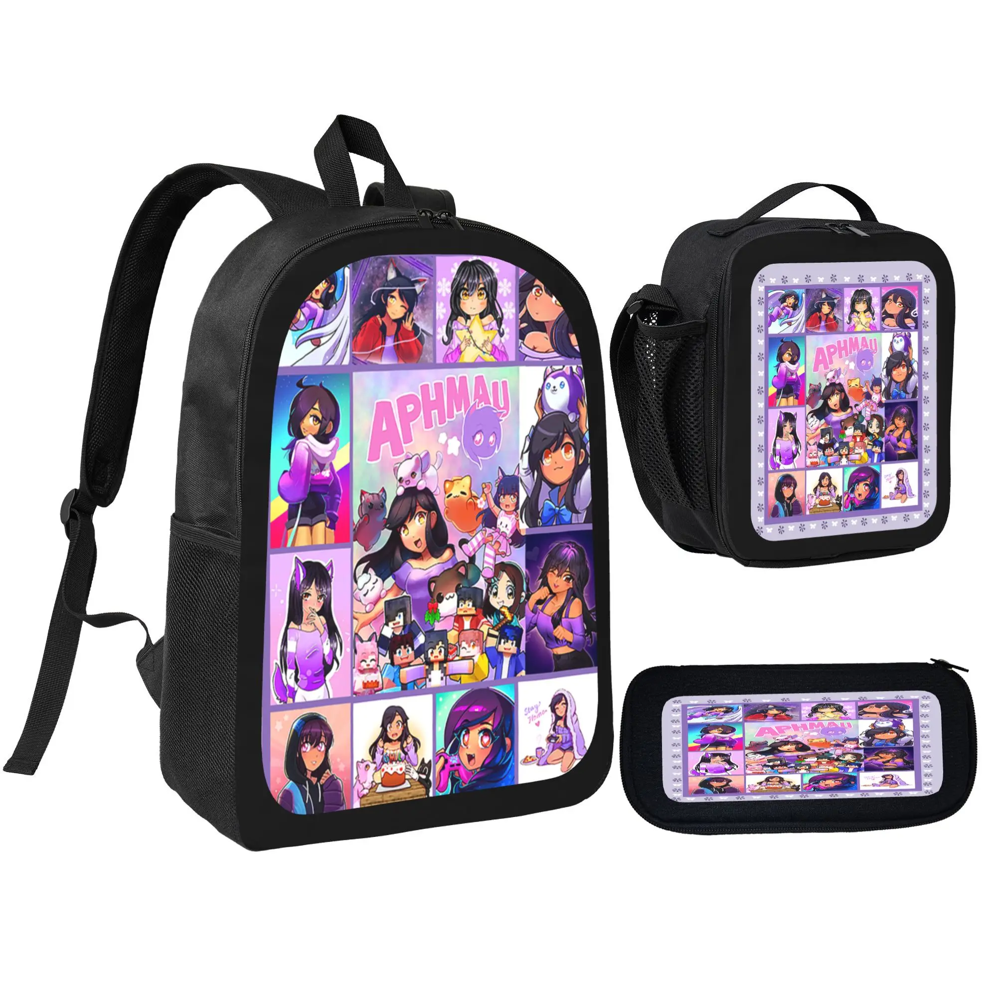 Aphmau 3PCS Gaming Backpack, 17in Unisex Functional Daypack with Zipper, Adjustable Mesh-Fixed Shoulder Straps, Polyester Clothes for Holiday Leisure Travel, Mesh Straps