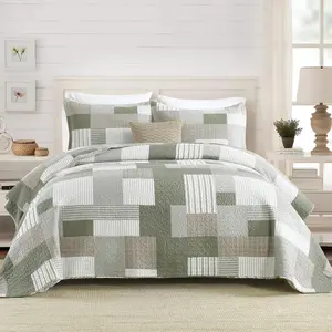 Quilt  Size,  Quilt Set,  Cotton  Quilt Bedding Set Bedspreads, Farmhouse Patchwork Quilt, Plaid Reversible Lightweight Rustic Bedspread, Green/Brown, 3 count