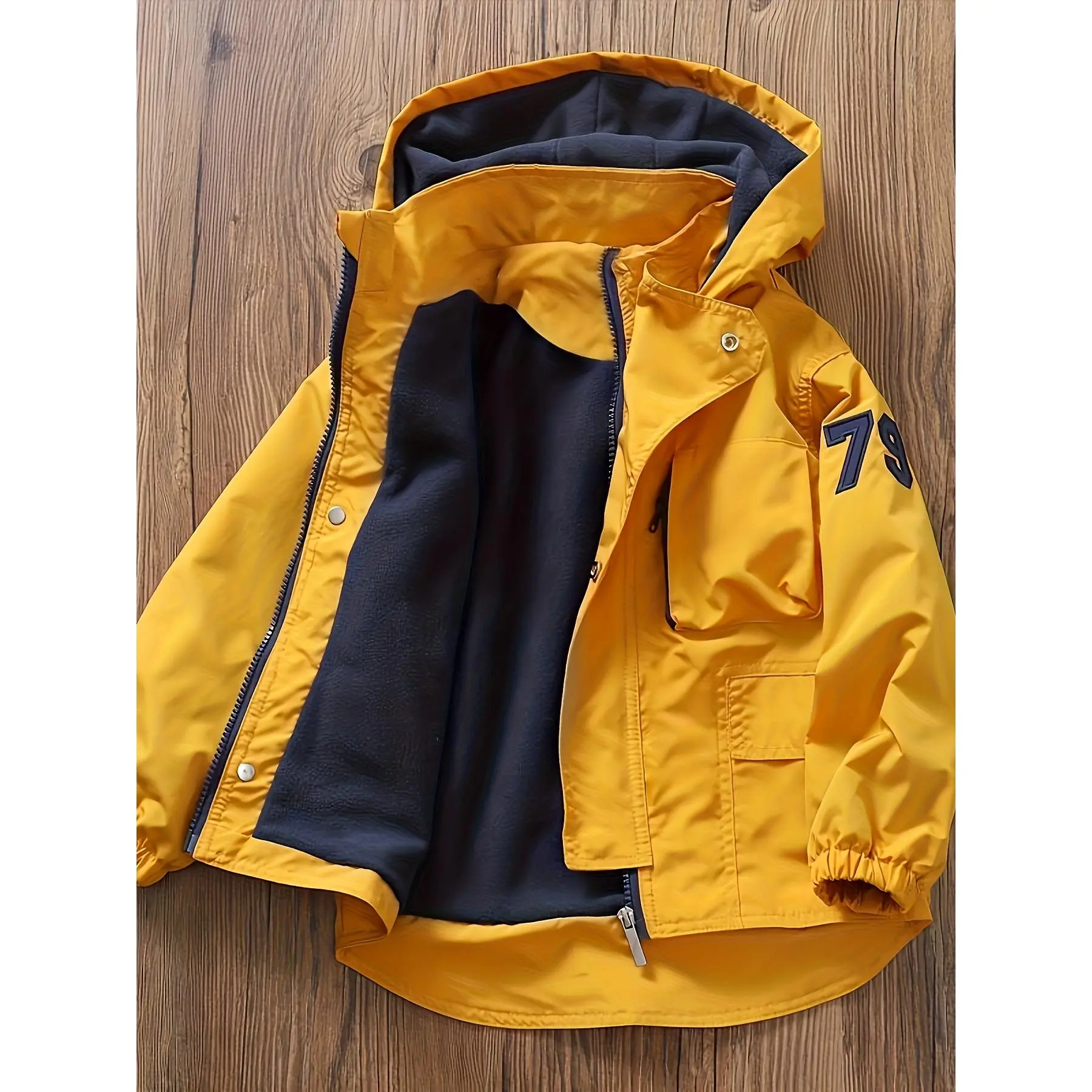 Boys' Fleece Hooded Jacket Windproof Warm Long Sleeve with Pockets - Navy & Yellow Accents, Polyester Casual Spring/Fall Coat for Kids 2-12 Years