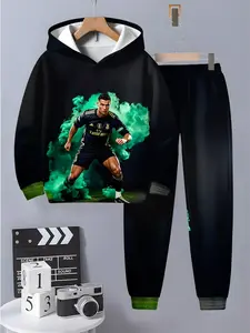 Boys' Cristiano Ronaldo Football Theme Athletic Sports Set, Casual Fitted Sweatshirt, Random Print, Perfect Gift for Spring & Fall