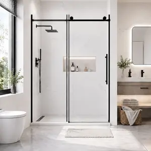 ARCH 60" W x 73" H Soft Closing Sliding Frameless Shower Door, 8mm Nano Explosion-Proof Tempered Glass, Easy-Clean Stain-Resistant Surface, Matt Black Finish, Aluminum Frame, American Design, for Modern Bathroom, Matt Black Color Options