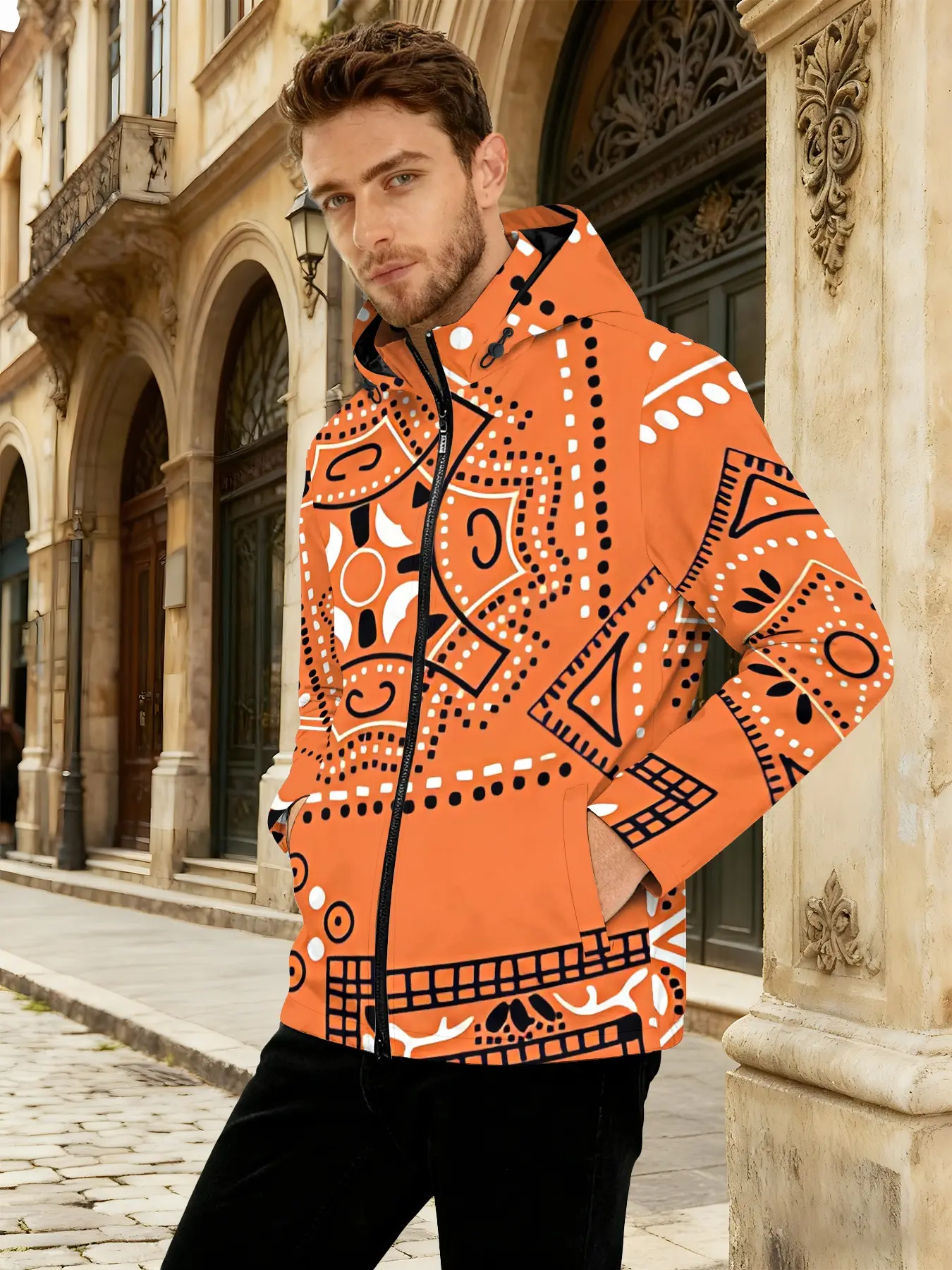 Men's jacket, orange and white geometric paisley jacket for men, street functional style, trendy and versatile, unique and eye-catching, windproof and waterproof hooded jacket
