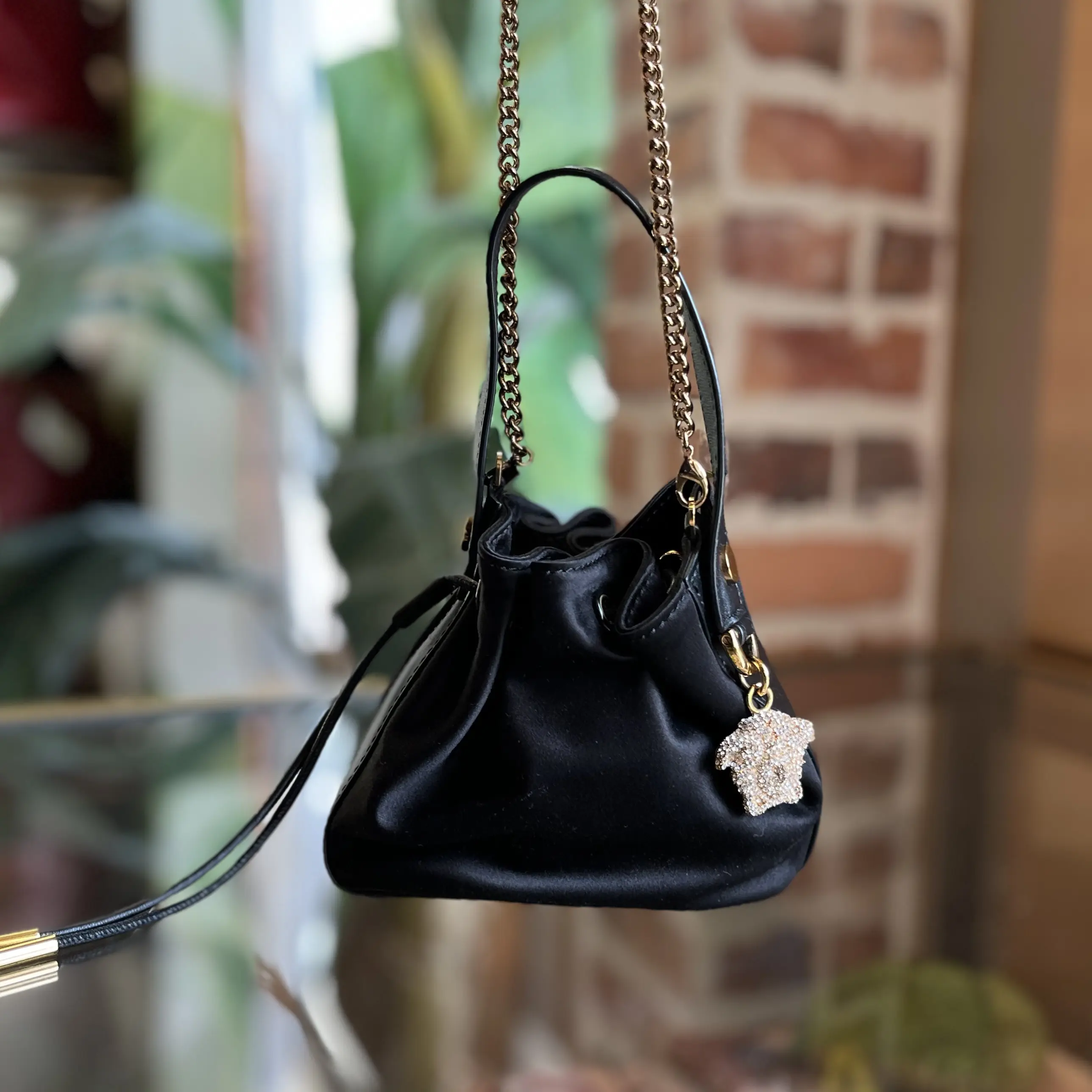 Pre-owned VERSACE Satin Shoulder Bags Black Small Bucket Bag