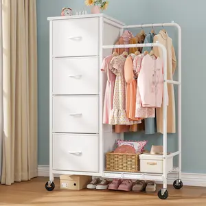 Raybee 3-in-1 Clothes Rail with 4 Fabric Drawers, 360° Movable Clothing Rack with Steel Frame, Large Capacity Garment Rack, Rolling Wardrobe Cabinet with Wheels for Bedroom, Entryway Hallway & Living Room Organization, Space-Saving Tall Chest of Drawers