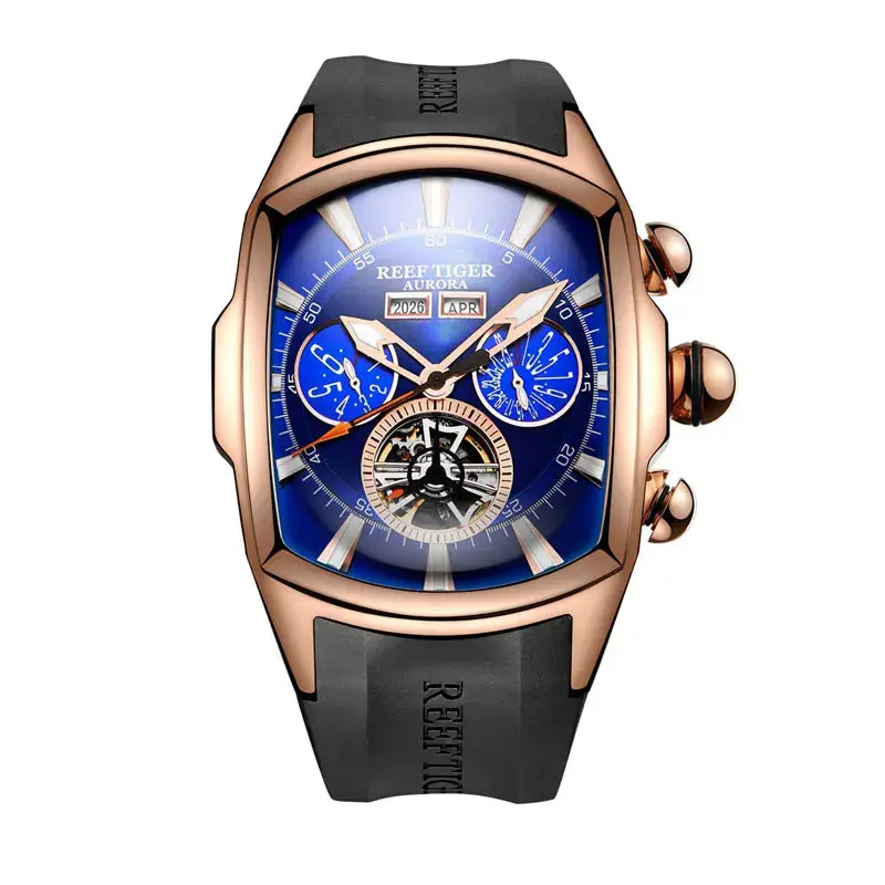 Men's Athletic Self-Wind Watch with Stainless Steel Case, Architectural Tourbillon, Sapphire Crystal, Rubber Strap, Luminous Dial, 50m - 100m Waterproof for Adventure