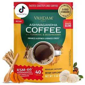 VAHDAM, Instant Mushroom Coffee with KSM 66 Ashwagandha (250mg, 40 servings), Turmeric, Lion's Mane and Chaga Mushroom | 100% Arabica Coffee | Supports Better Focus and Immunity | Enjoy Hot or Iced