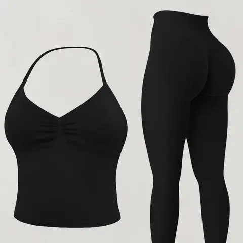 【Black Friday】Women's 2-Piece Workout Set, Halter Tank Top with Removable Pads and High-Waisted Leggings for Yoga, Running and Fitness