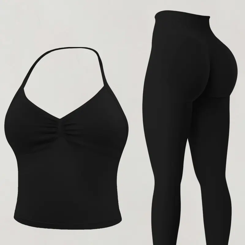 【Black Friday】Women's 2-Piece Workout Set, Halter Tank Top with Removable Pads and High-Waisted Leggings for Yoga, Running and Fitness