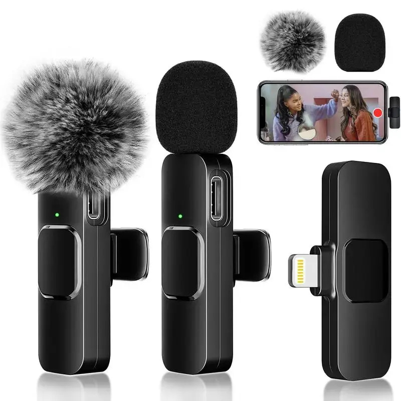 2pcs Wireless Lavalier Microphones for iPhone,Android - Mini Wireless Clip-on MicrophonesCrystal Clear Sound Quality for Recording, LiveStreaming,Vlog