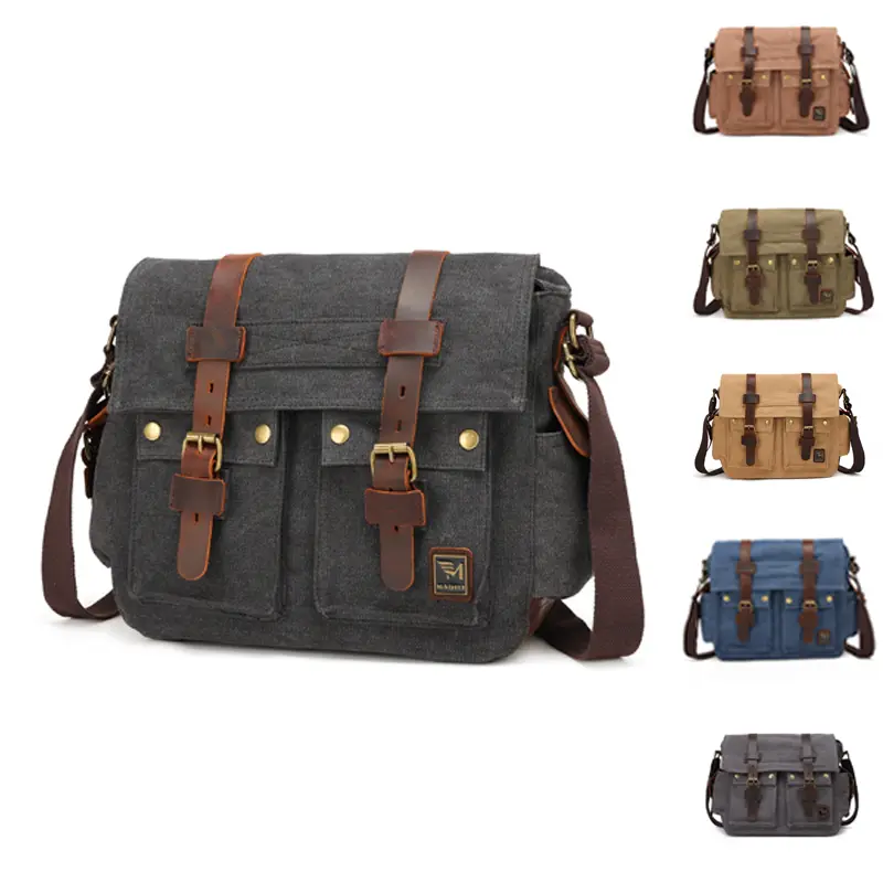 Vintage canvas and Crazy horse leather waterproof messenger bag for men and women single shoulder outdoor casual crossbody bag