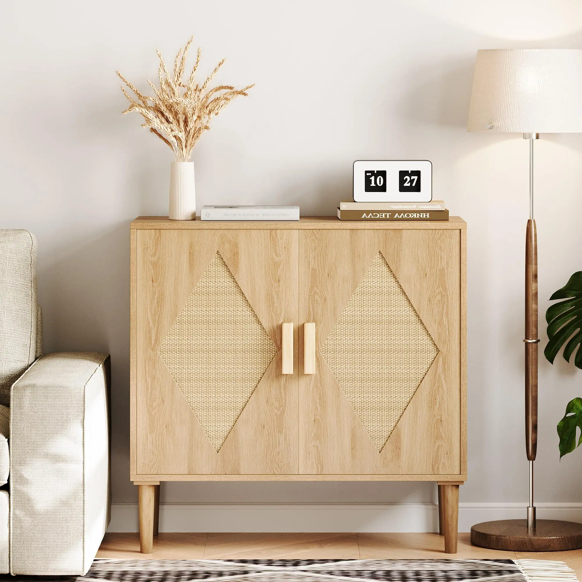 Natural Wooden Sideboard Buffet Cabinet (31.5”W x 15.7”D x 34.6”H), Storage Cabinet with Doors, Adjustable Shelf & Ample Storage