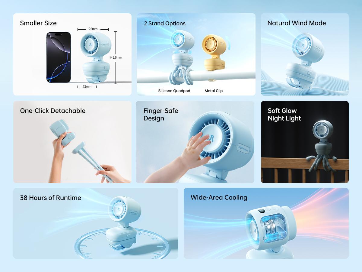 JISULIFE 2026 Stroller Fan – Small & Stylish with 38H Cooling, Soft Night Light, One‑Click Detachable for Stroller or Desk, Safe Baby Fan for Crib Car Seat Nursery Travel, Gifts for Baby Mom JISULIFE 2026 Stroller Fan – Small & Stylish with 38H Cooling, Soft Night Light, One‑Click Detachable for Stroller or Desk, Safe Baby Fan for Crib Car Seat Nursery Travel, Gifts for Baby Mom