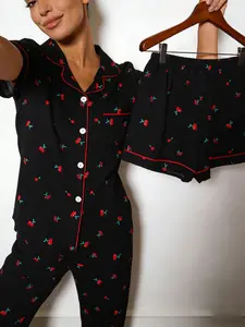 Women's Sleepwear Three-Piece Set, Short Sleeves + Shorts + Long Pants, Cherry All-Over Print, Casual Slim Fit Home Wear, Pajama Set, Loungewear, Homewear