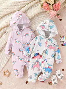 Hooded Jumpsuit Set, Cute Cartoon Rainbow Dinosaur Prints, Fitted Warm Winter, Casual Daily Wear for Babies, Baby Girl Clothes, Baby Clothing
