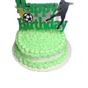 Happy Birthday Soccer Cake Topper 18.5cm x 10cm Green Glitter Football Player Design for Kids Party Decor