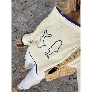 Color-block neck loose sportswear, Pisces embroidery, autumn–winter casual long-sleeve knit top, knitted pullover, multifunctional women’s apparel GARMENTARY