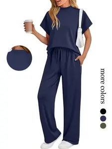 2026 Women's 2 Piece Matching Lounge Sets 2026 Summer Mock Neck Sweatsuits Short Sleeve Loungewear Travel Outfits Womenswear