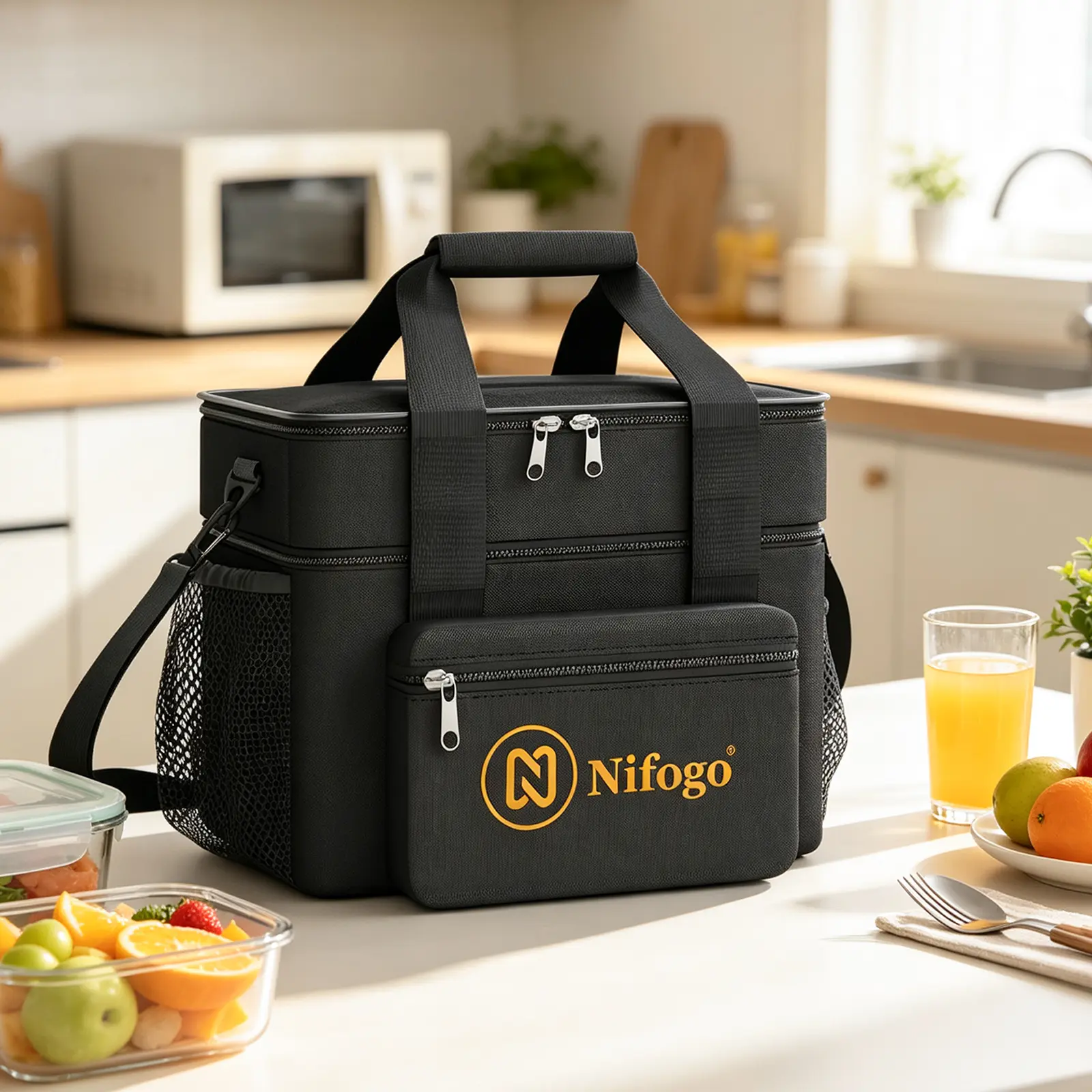 Nifogo 15L Unisex Dual-Layer Insulated Lunch Bag - Waterproof, Leakproof Cooler Tote with Shoulder Strap, Portable Outdoor Bag for Camping, Office Use, Keeps Food Fresh (Black Gray)