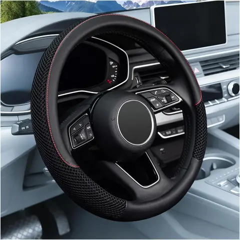 Microfiber Ice Silk PU Leather Steering Wheel Cover, Universal Interior Accessories Steering Wheel Cover for Women & Men, Breathable Microfiber Ice Silk, Anti-Slip, Odorless, Easy Carry(Black)